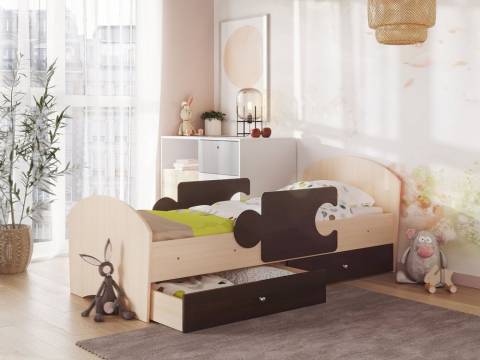 Кровать Мозаика с бортиками и ящиком млечный дуб с венге