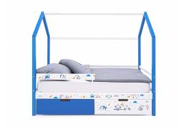 Кровать-домик Svogen с фото с ящиками и бортиком синий/барашки