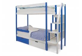 Двухъярусная кровать Svogen с ящиками и бортиком сине-белый