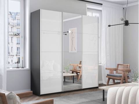 Шкаф-купе Прайм Широкий 3-х дверный два белых стекла/зеркало Серый Диамант