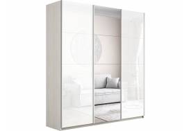 Шкаф-купе Прайм Широкий 3-х дверный два белых стекла/зеркало Ясень Анкор Светлый